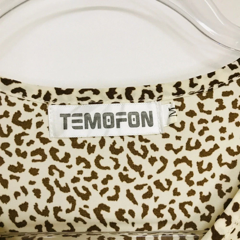 Temofon Womens‎ Sz M Leopard Print Tiered Mini Dress Brown Tan Long Sleeve Rayon